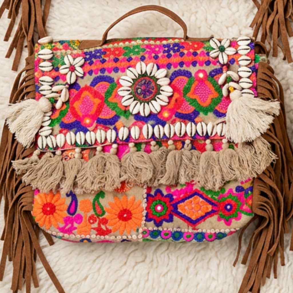 Colorful BANJARA LAPTOP BAG with floral patterns and tassels on a textured surface