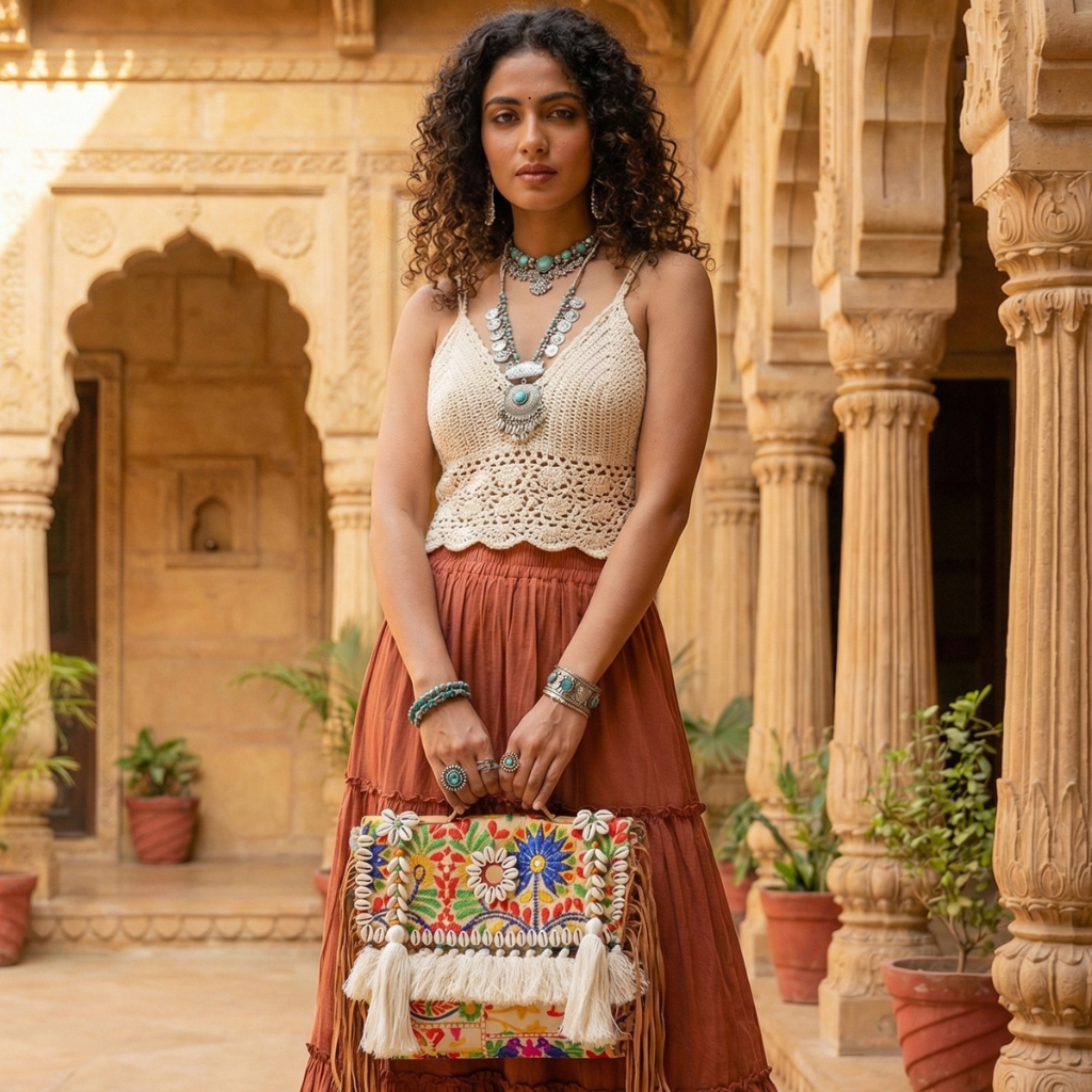 Woman holding a colorful handbag in front of an architectural background