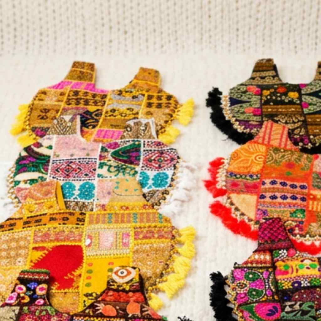 Two colorful embroidered bags on a textured white background