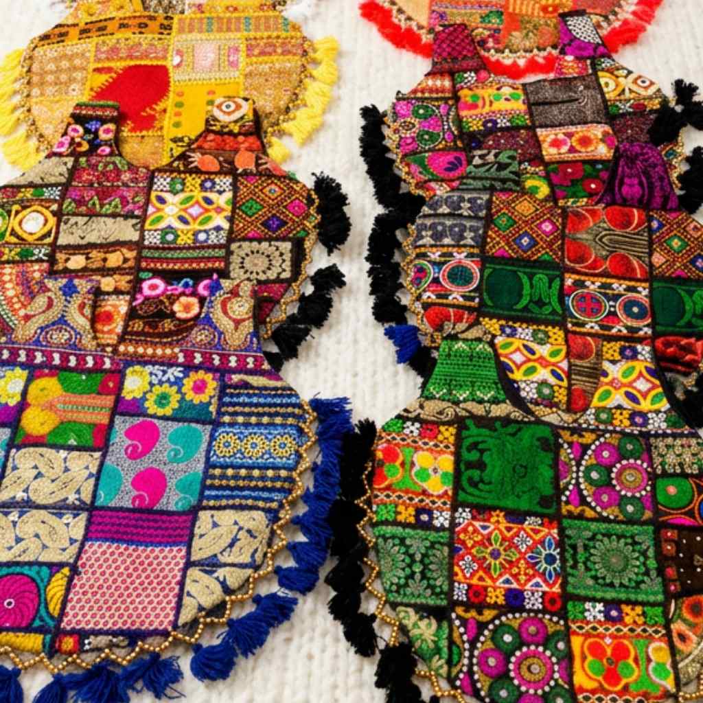 Colorful embroidered boho bags with intricate patterns on a white background