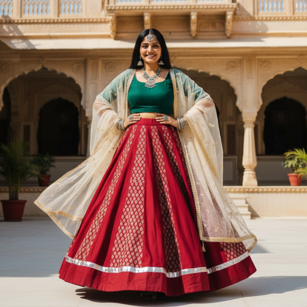Woman in traditional red ajrakh skirt and green blouse outfit standing in front of a historic building.