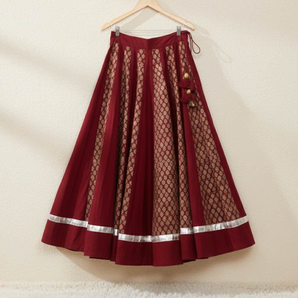 red ajrakh patchwork skirt with lace detailing on a hanger against a beige wall.