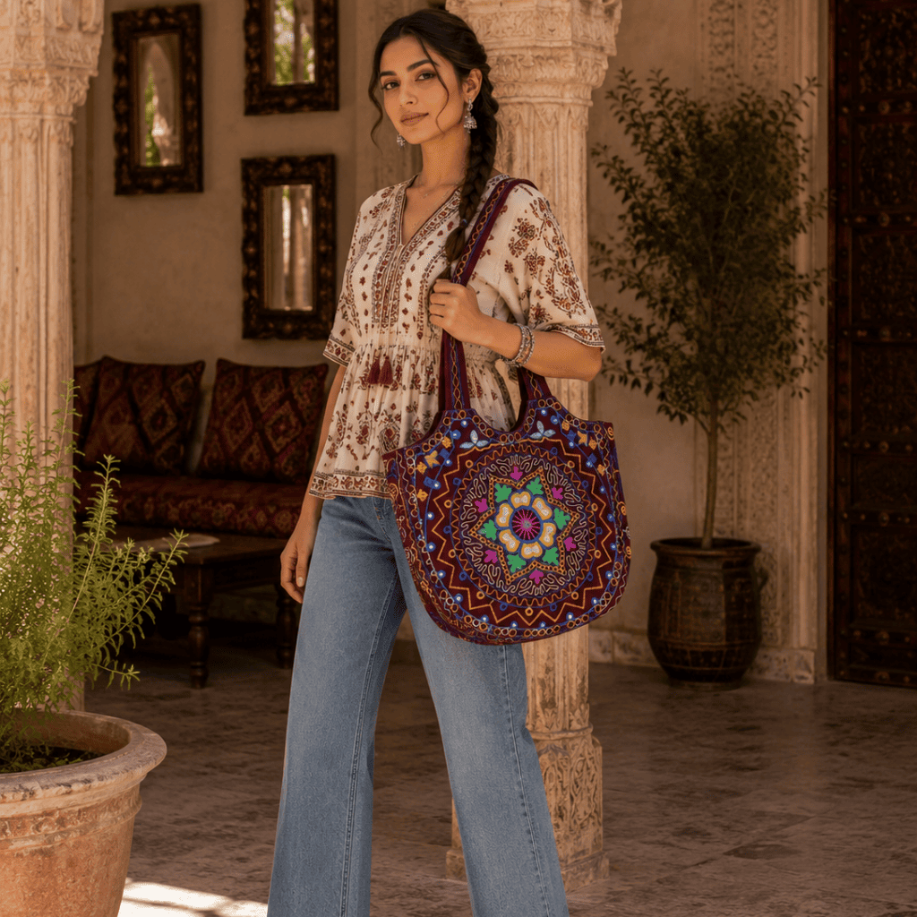a girl holding a Red Embroidered Rajasthani Bag