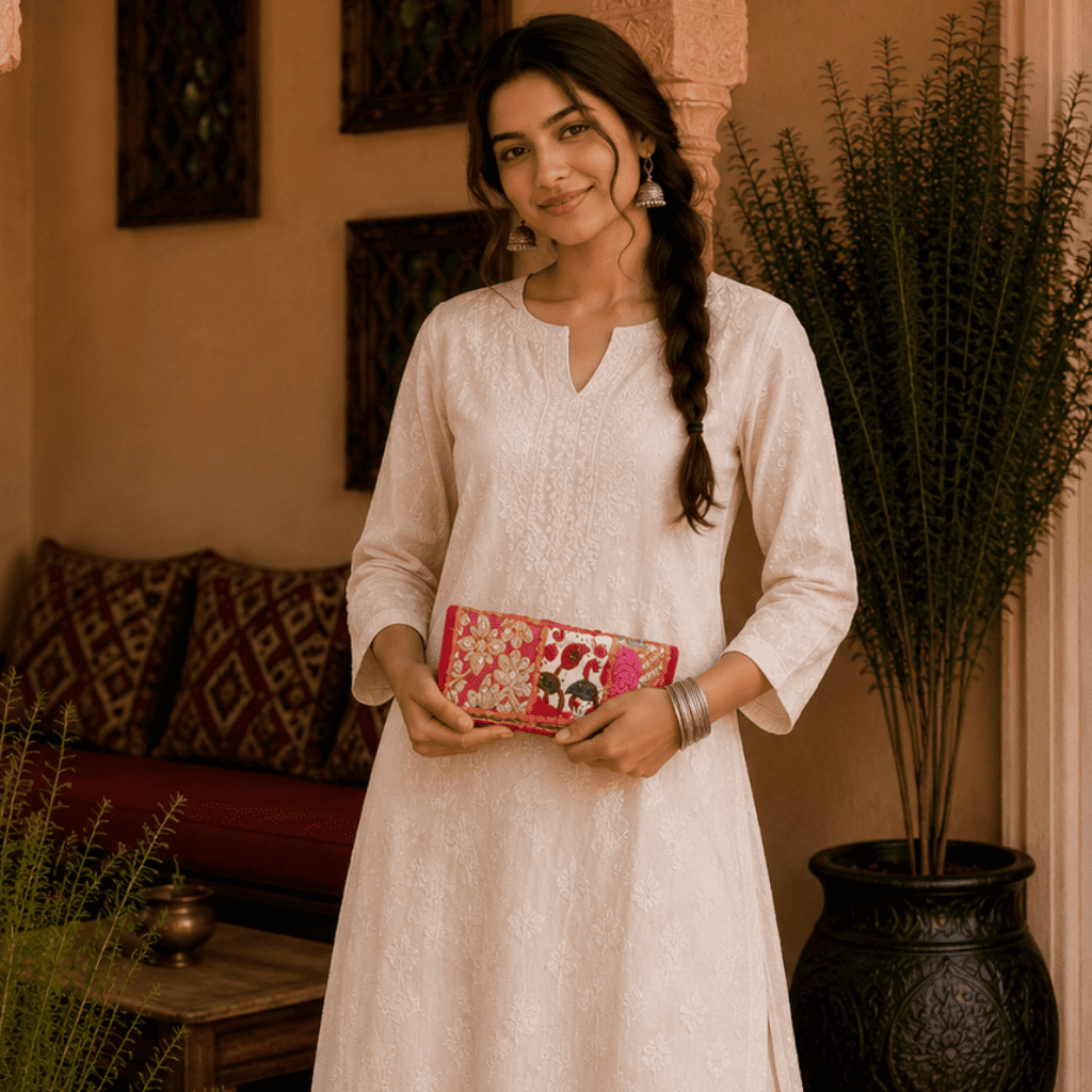 a girl in a white kurta carrying a red floral embroidered purse