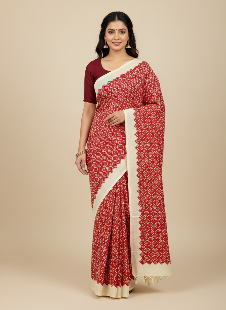 Woman wearing a red and off-white applique work saree 