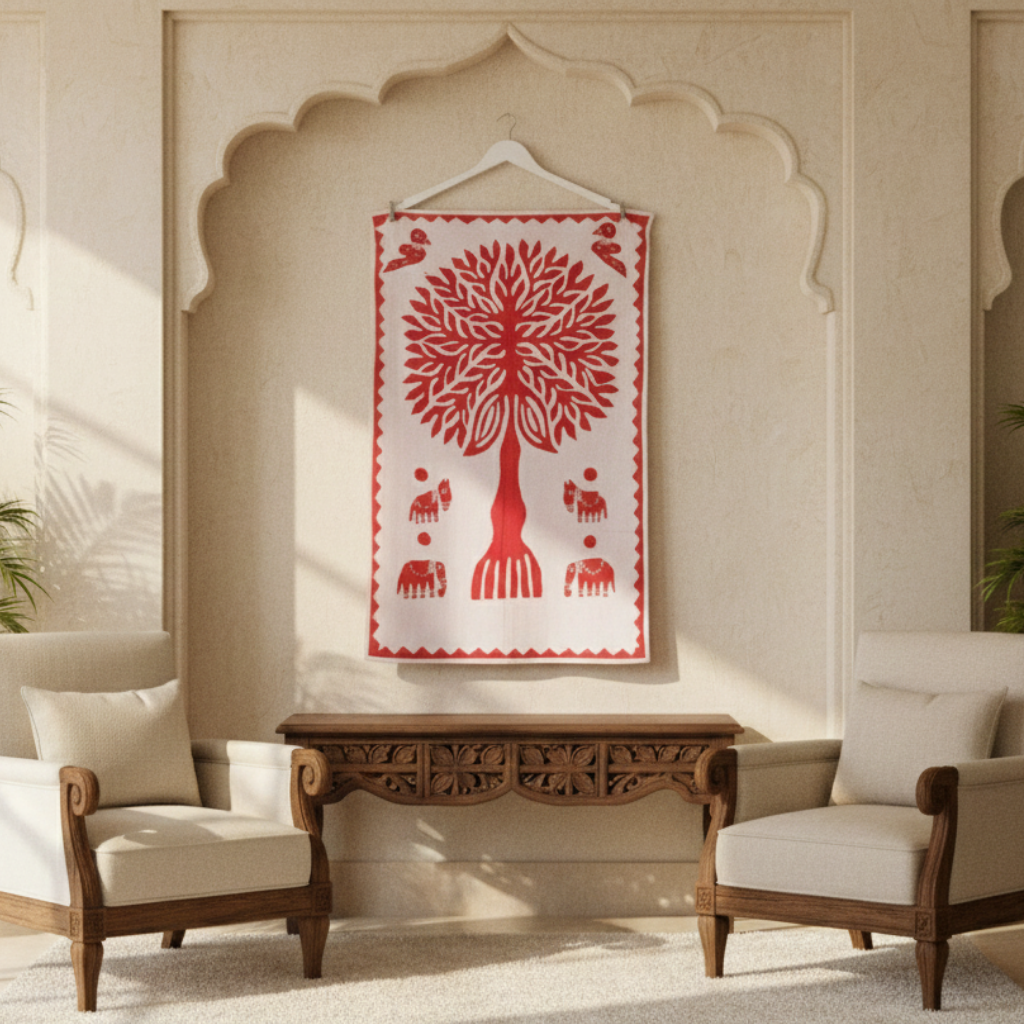 Decorative wall hanging with a red tree design in a living room setting.