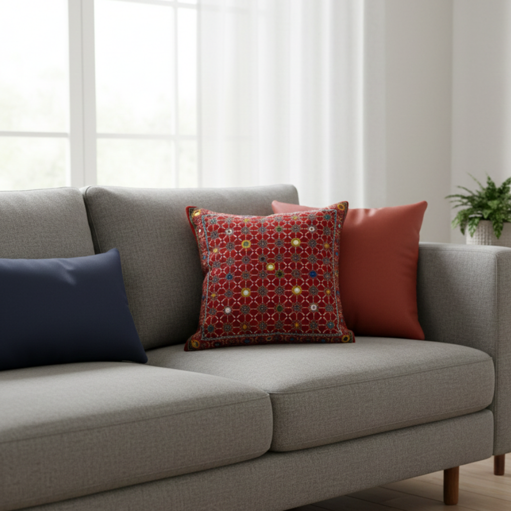 Gray sofa with colorful pillows in a living room setting