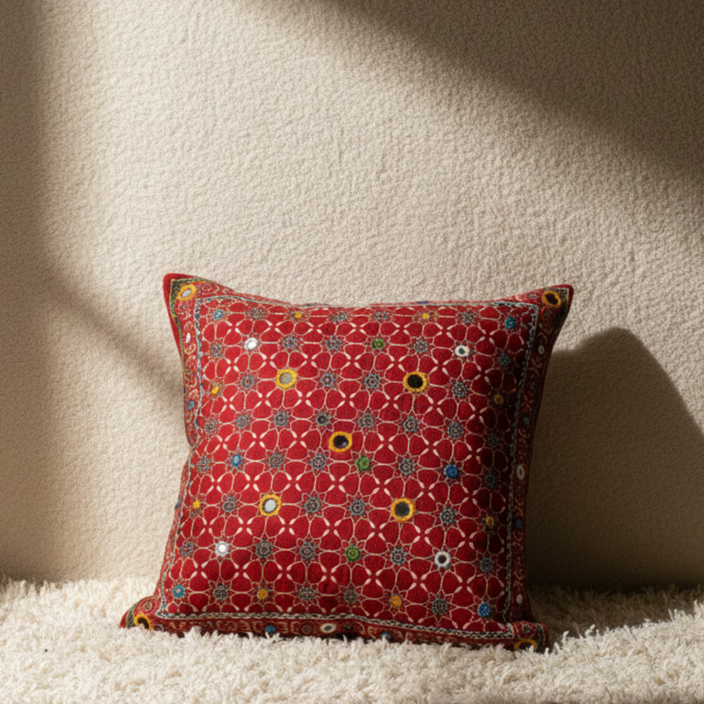 Decorative pillow with floral pattern on a textured surface