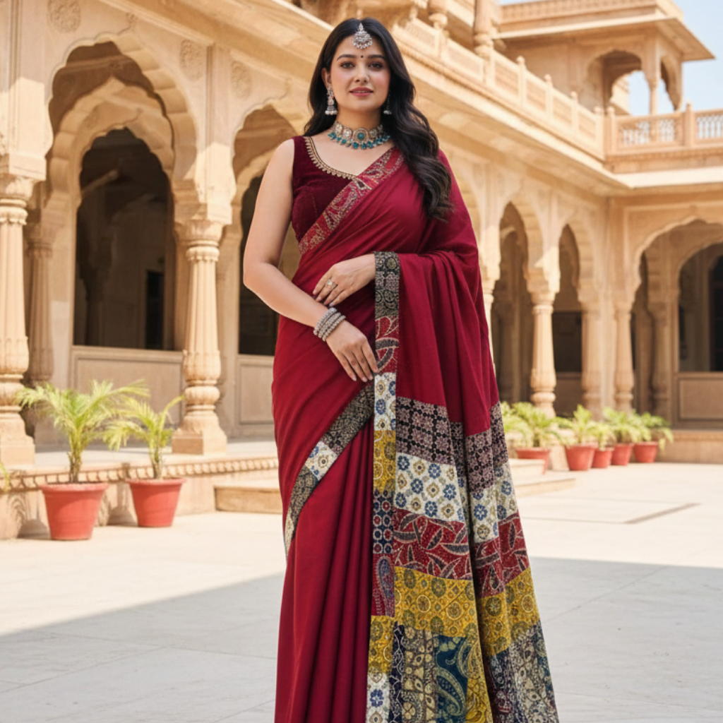 Woman in a red saree with a colorful border standing in front of an architectural building.