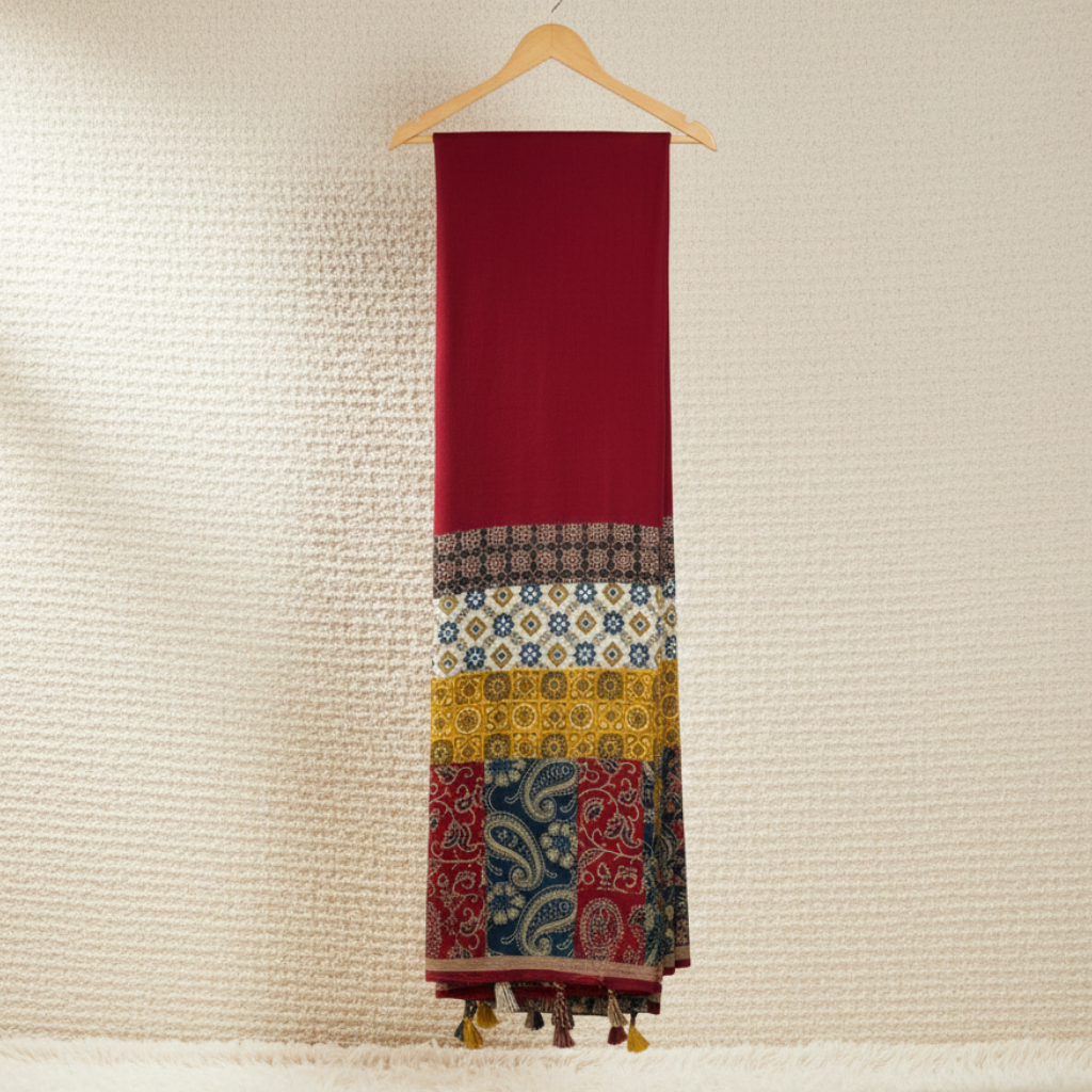 Red saree with patterned bottom section on a wooden hanger against a beige textured wall.