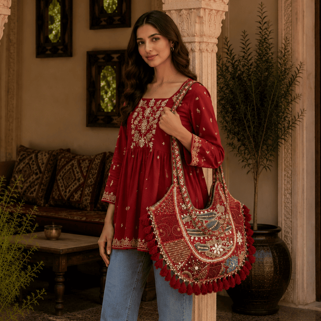 a girl in a red kurti and jeans carrying a red zari embroidered ethnic bag