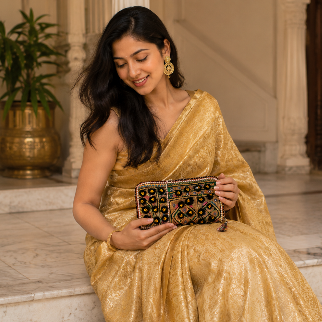 a woman in a golden saree with a zari party clutch
