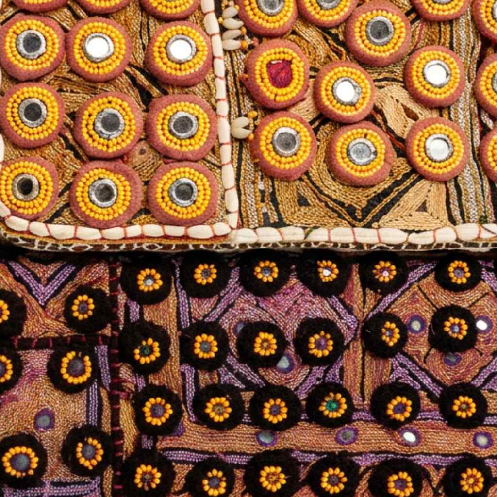 Close-up of an intricately embroidered zari pouches with colorful patterns.