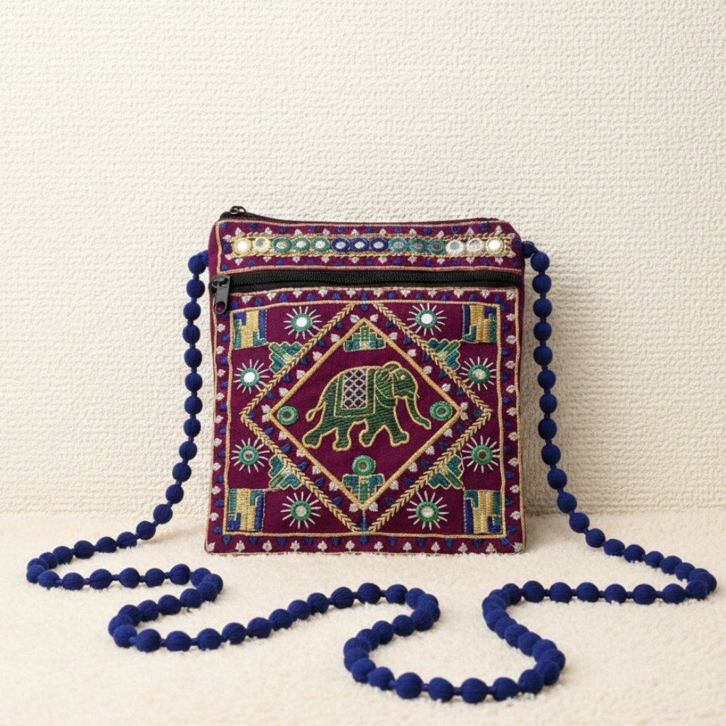 Decorative handbag with elephant design and blue pom-pom strap on a white background