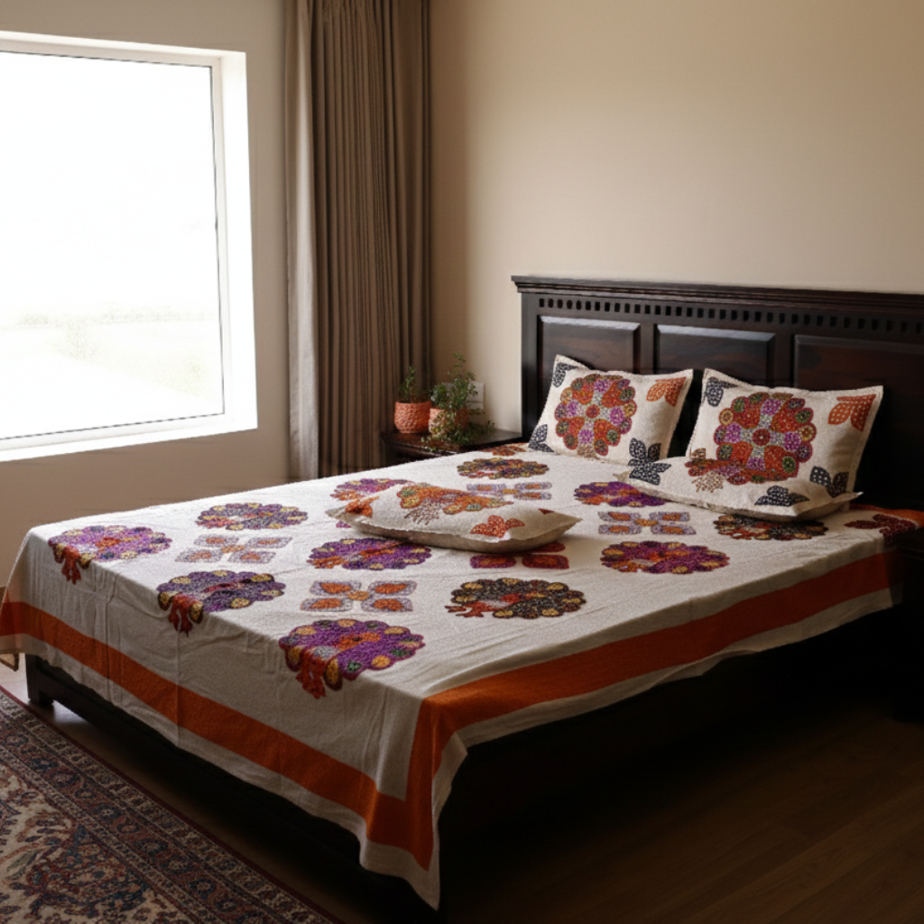 Bedroom with a bed featuring a peacock bedsheet and pillows.