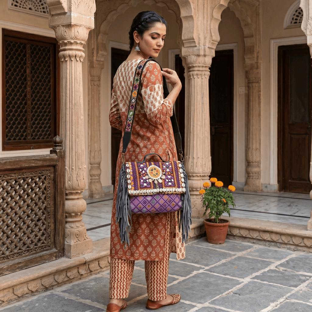 a woman in a suitset holding a purple banjara bag