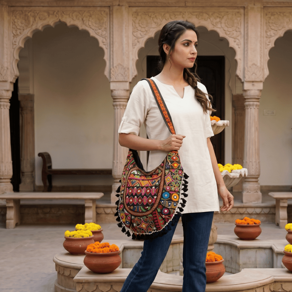 a woman in a white kurti and jeans carrying a rajkothi colorful embroidered black bag