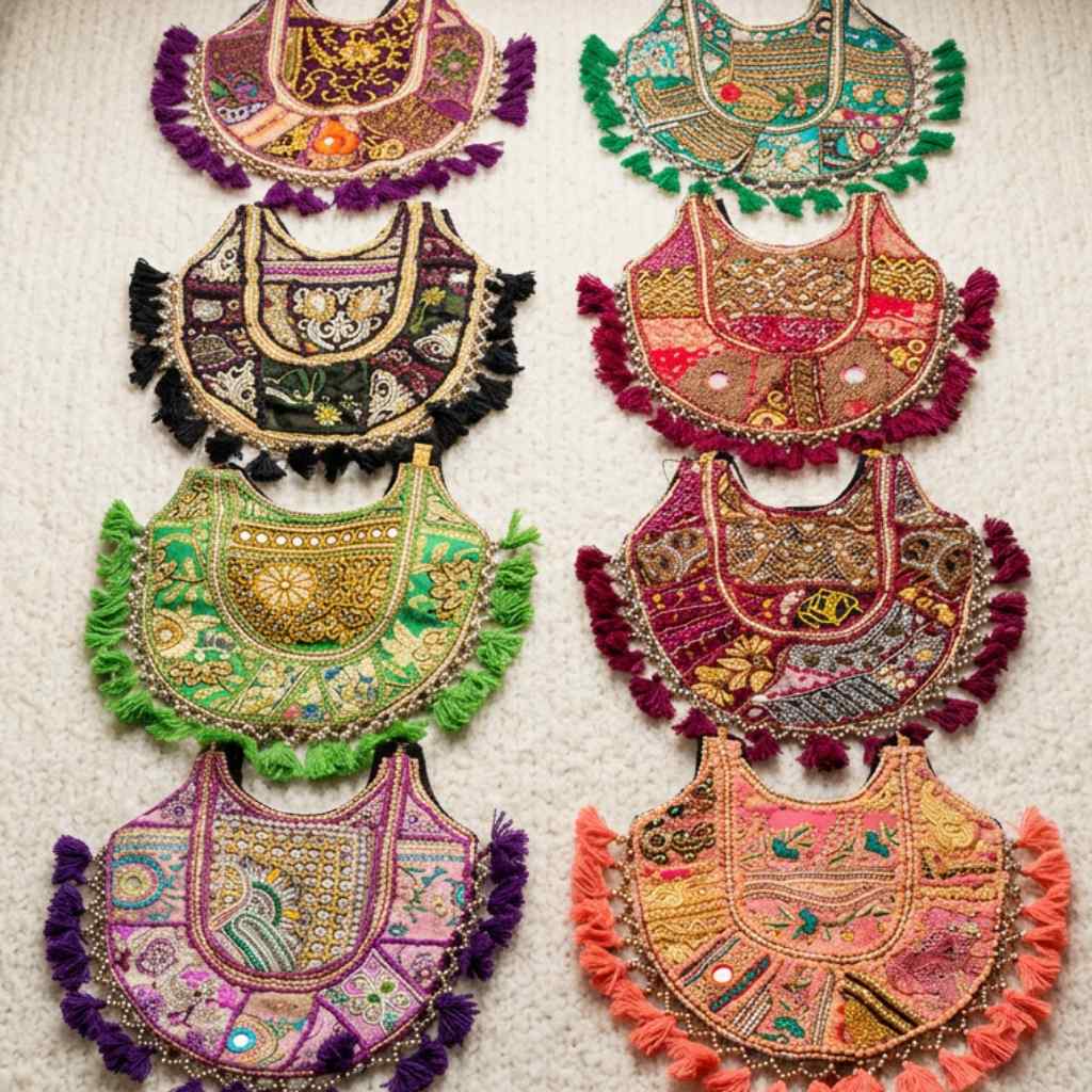 Colorful embroidered bags with tassels on a textured surface