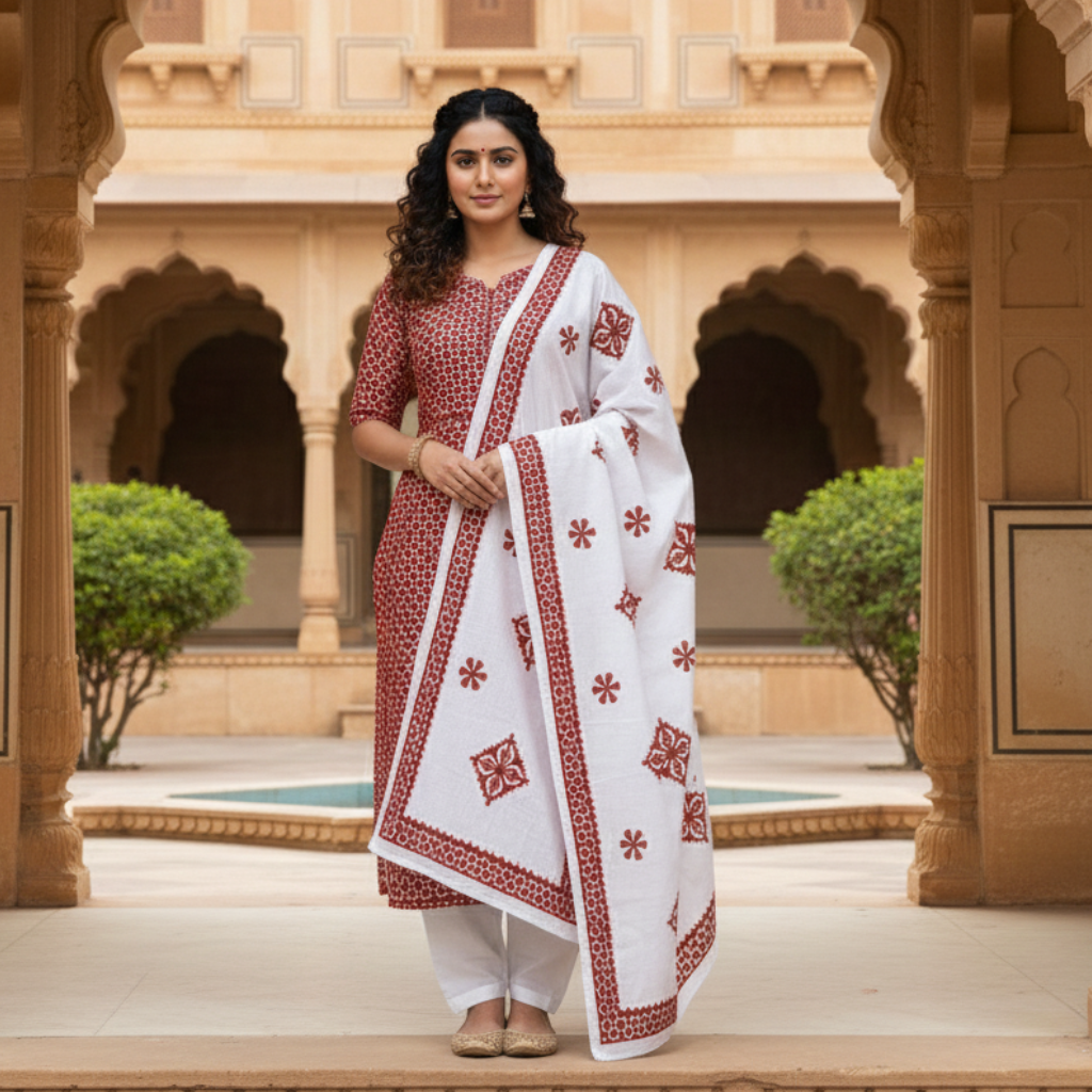 Woman in traditional red and white outfit standing in front of an architectural background