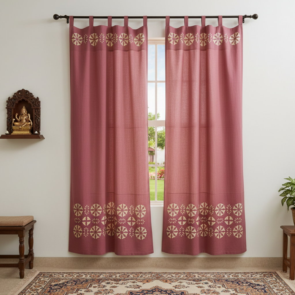 red curtains with gold patterns in a room with a window, plant, and decorative items.
