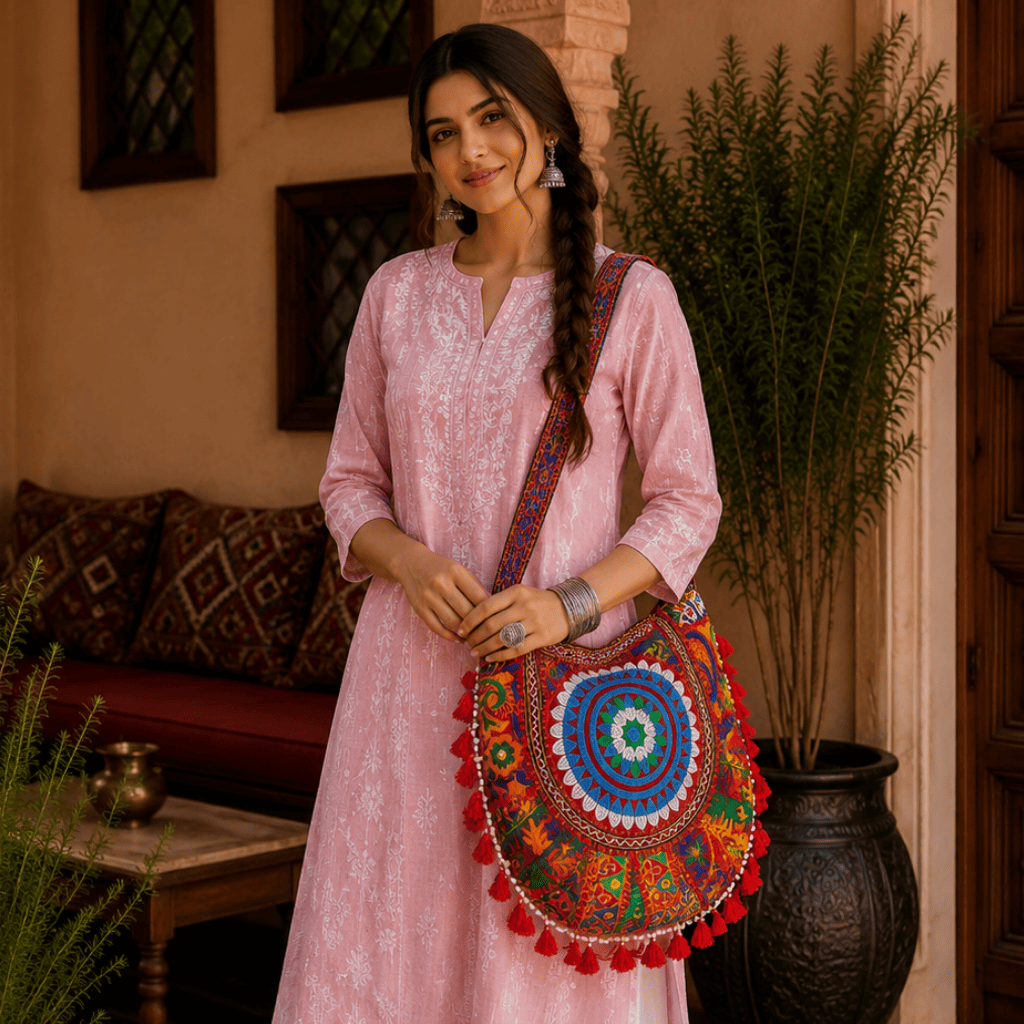 a girl in a pink kurta set with a Rustic Red Embroidered Tote Bag