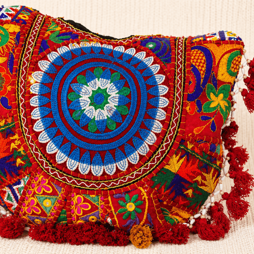 close up of Rustic Charm Red Embroidered Tote Bag for Women
