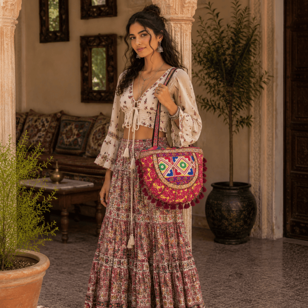 a girl in a boho skirt and top carrying a rustic red embroidered tote bag