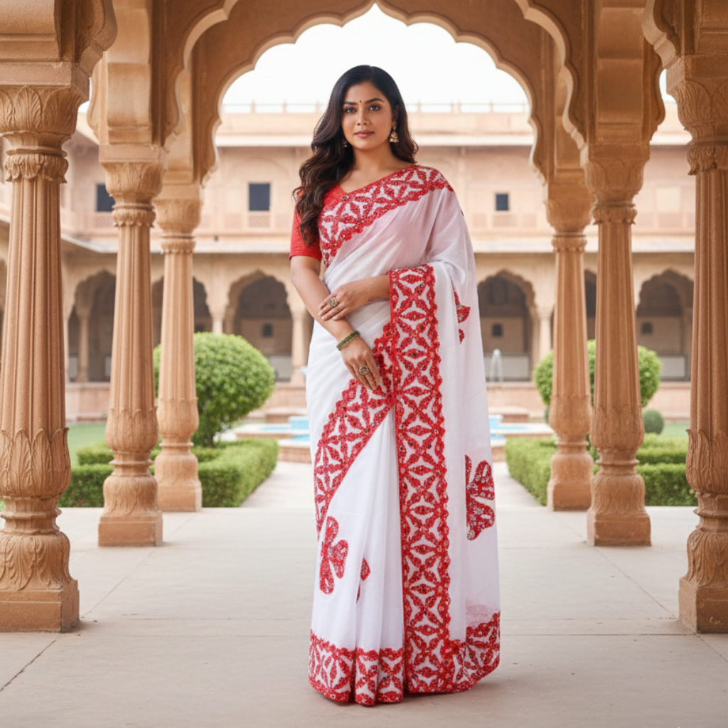 Woman in a white saree with red patterns standing in an architectural setting.