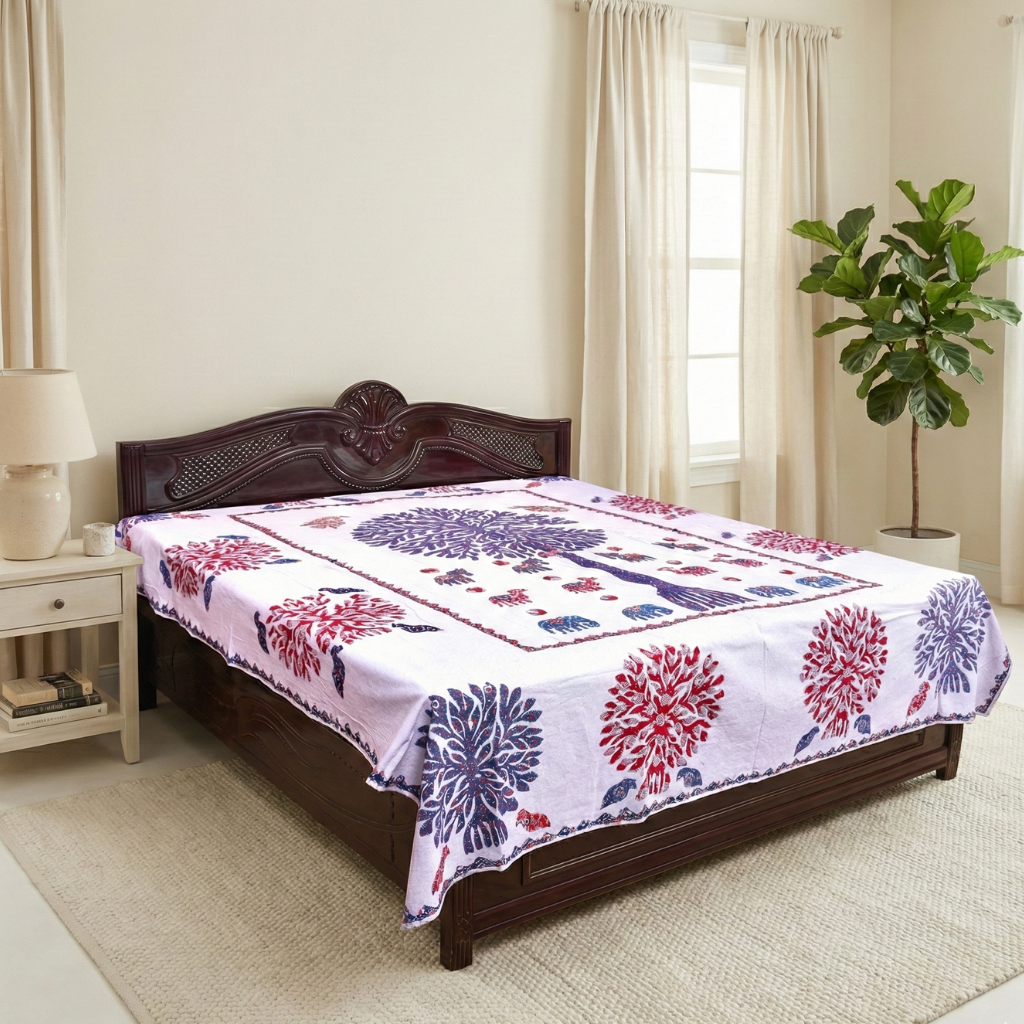 Decorative bedspread with applique tree patterns on a wooden bed in a bedroom setting.