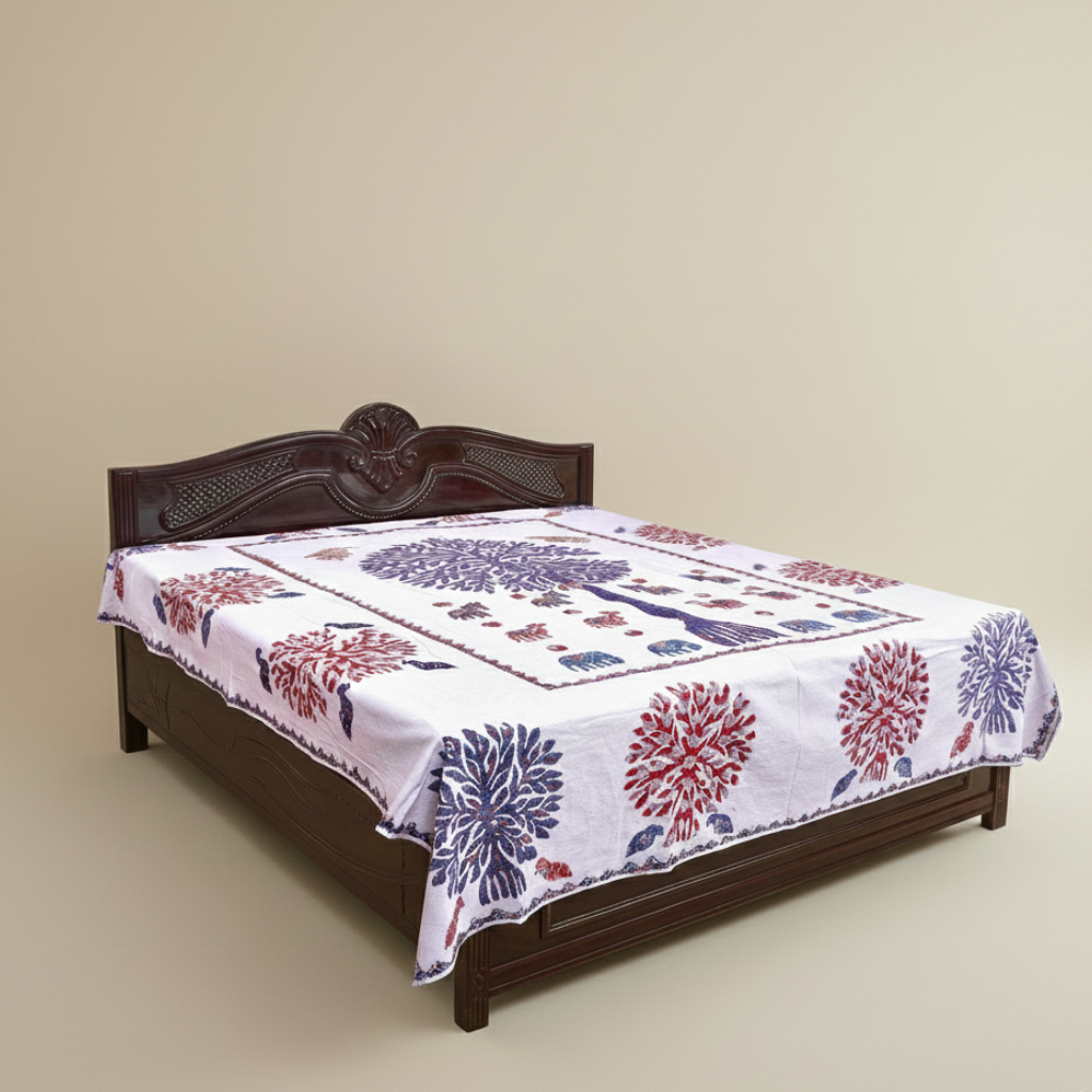 Wooden bed with an applique tree bedspread on a beige background