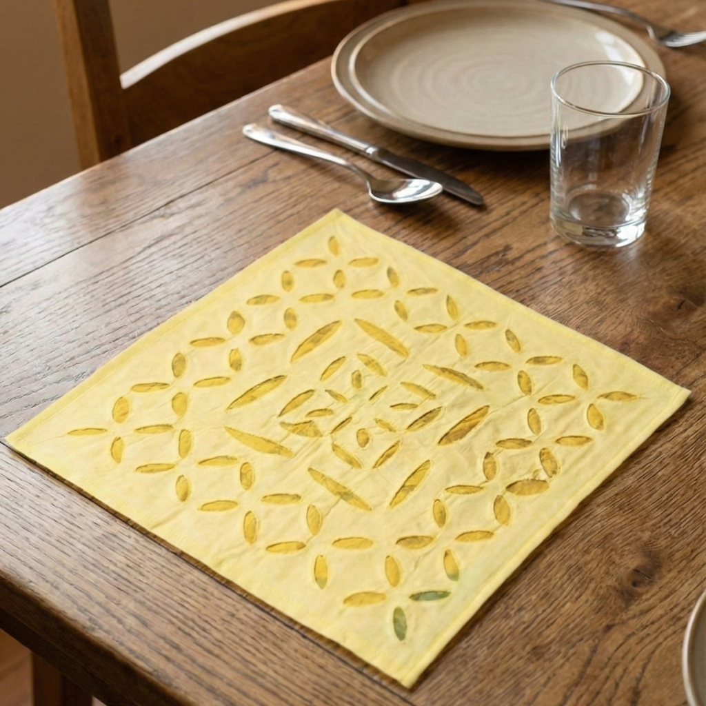 Yellow patterned placemat on a wooden table with plates, cutlery, and a glass.