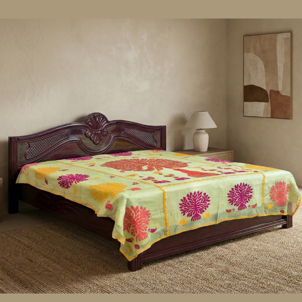 Bedroom with a wooden bed and pastel green tree design applique bedspread