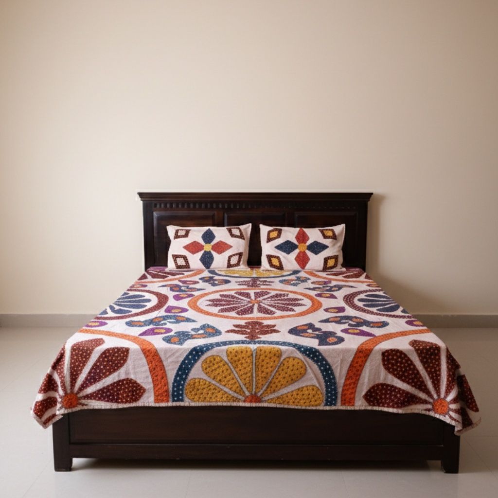 Bed with a colorful patterned applique bedsheet and pillows against a plain wall.