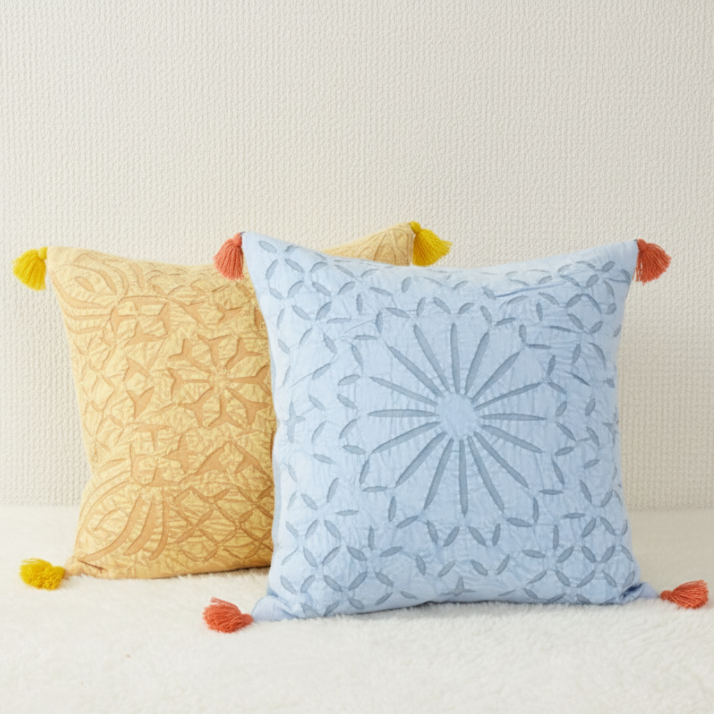 Starburst Tassel Yellow & Blue Applique Cushion Covers