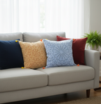 Beige sofa with colorful pillows in a living room setting