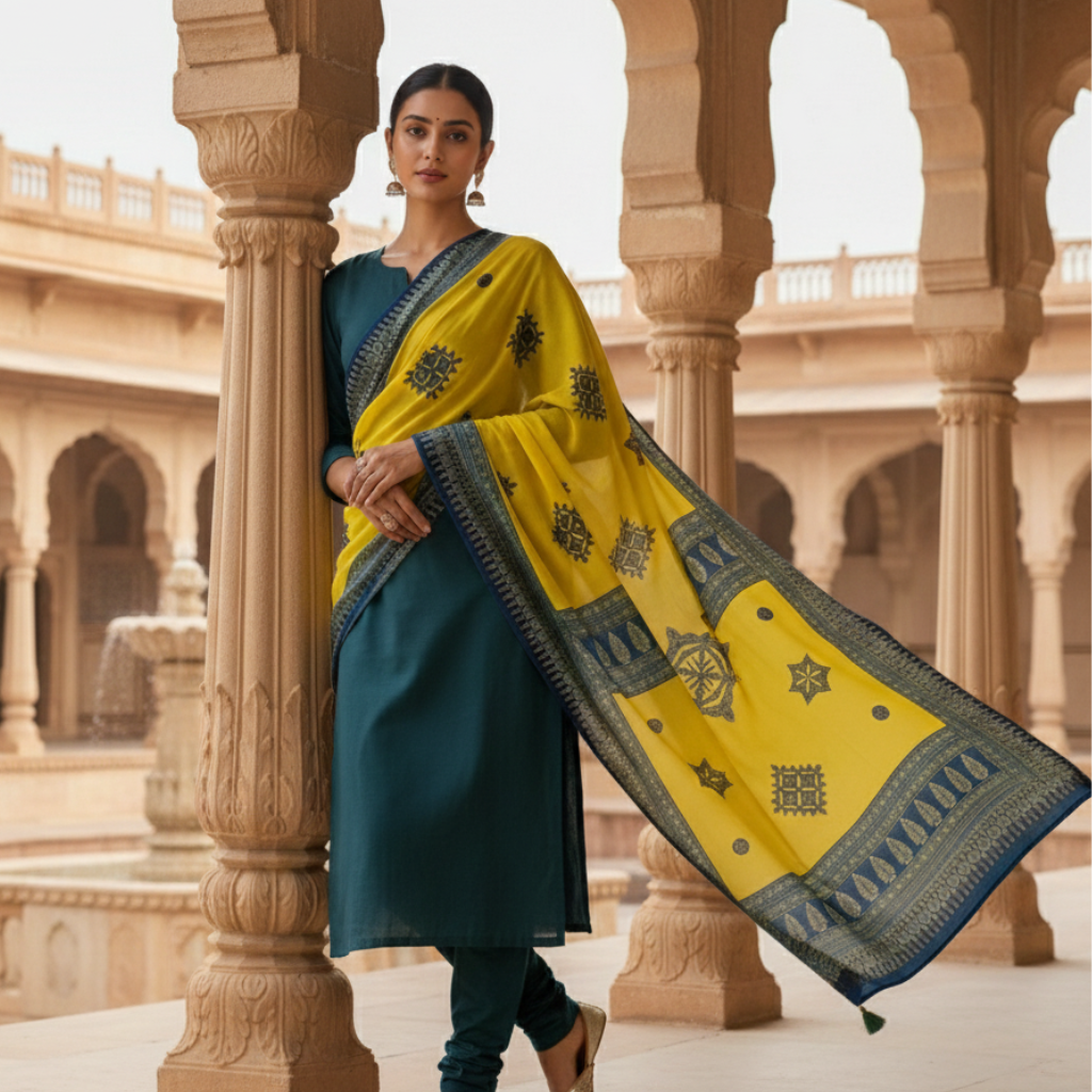 Sunlit Green Mandala Applique Yellow Dupatta