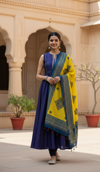 Woman in a blue and yellow traditional outfit standing in front of an architectural background
