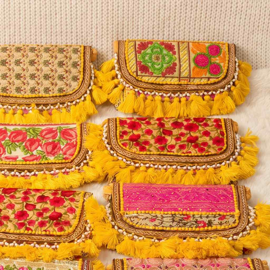 Colorful embroidered handbags with yellow tassels on a textured beige background