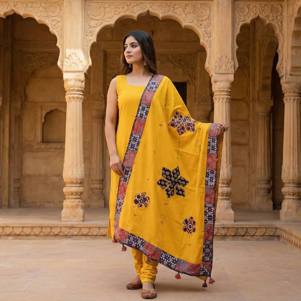 Woman in a yellow traditional outfit with yellow floral pattern applique dupatta standing in an architectural setting.