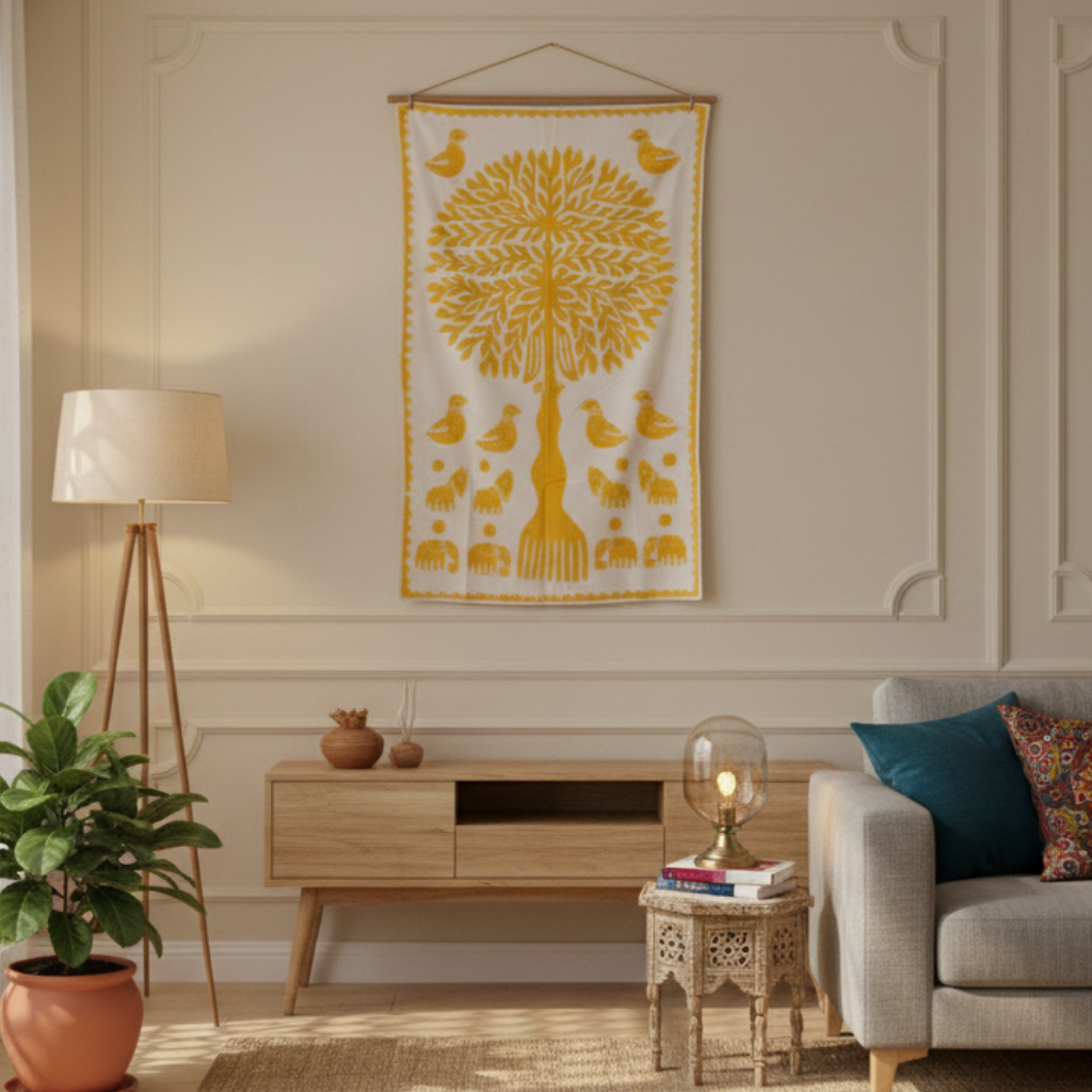 Living room with a decorative wall tapestry, lamp, and sofa.