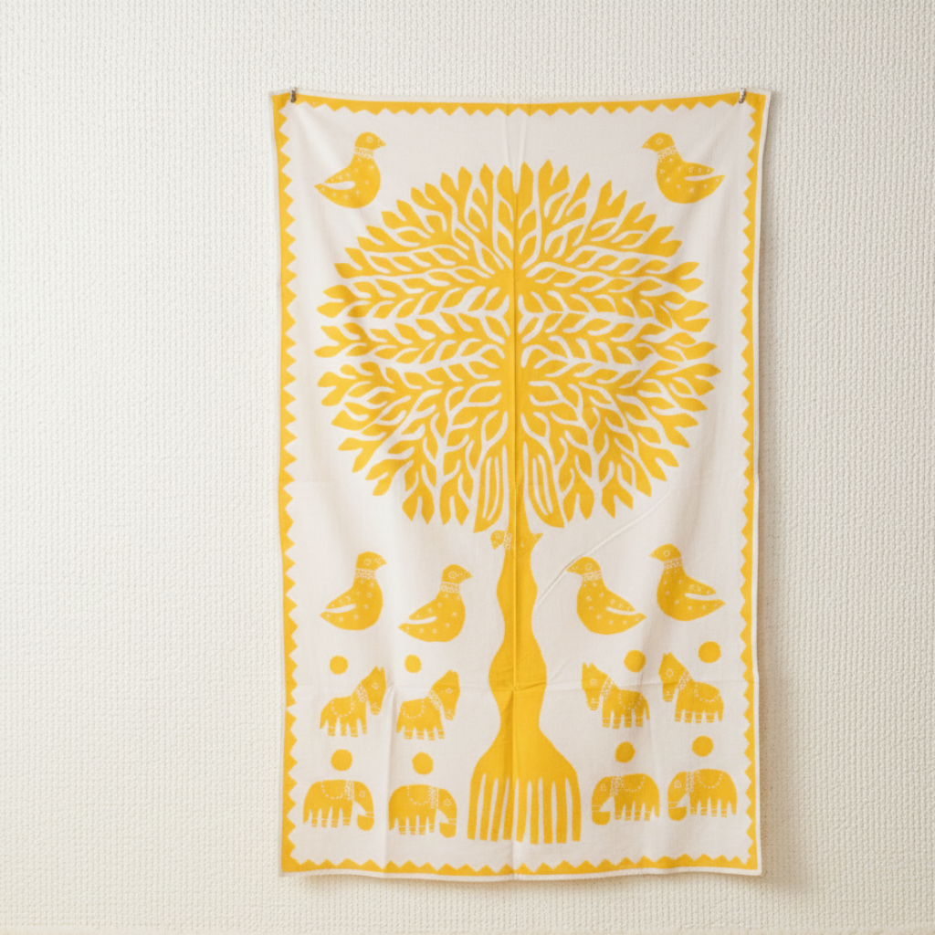 Yellow tree and animal pattern on a white background