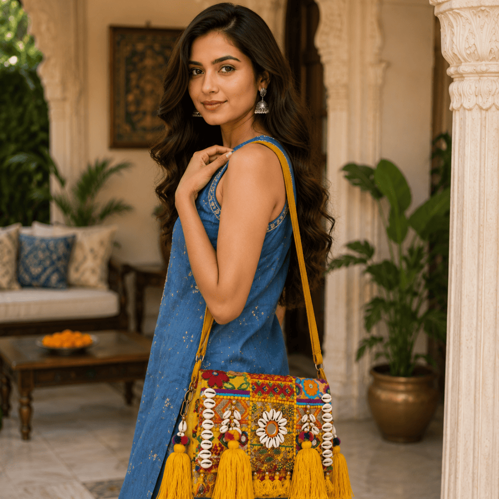 Woman holding a colorful yellow banjara style bag in an indoor setting with decor elements.