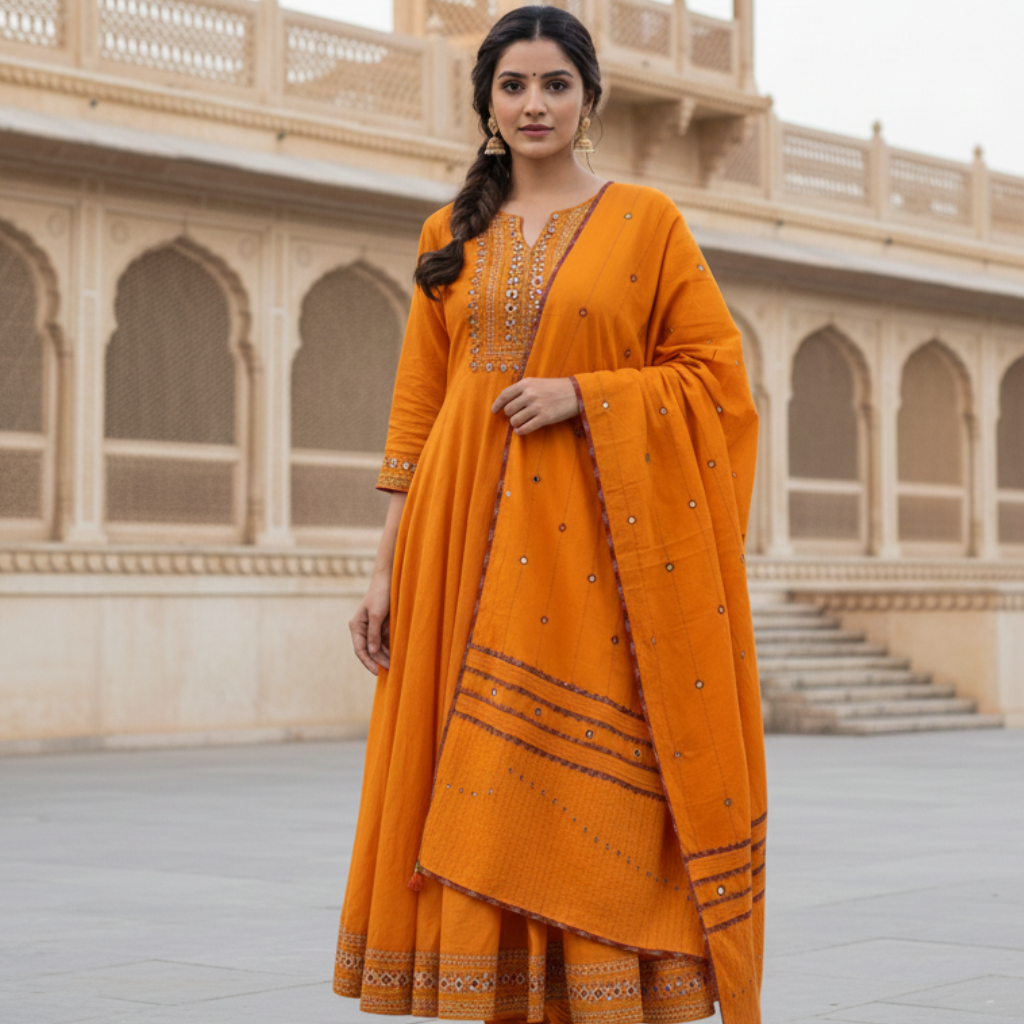 Woman in an orange traditional outfit standing in front of a architectural structure.