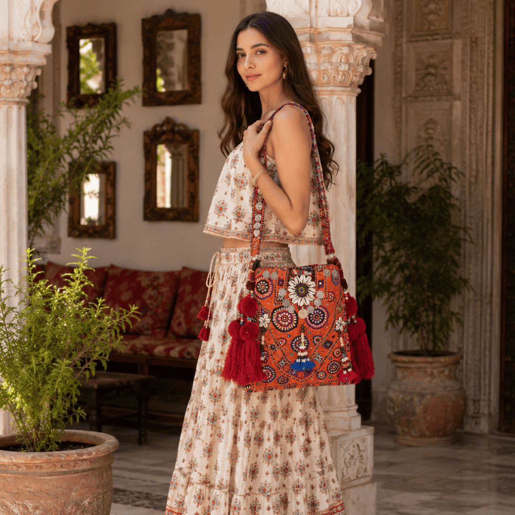 a girl in a white printed co-ord set carrying an Orange Shell Detailing Banjara Bag