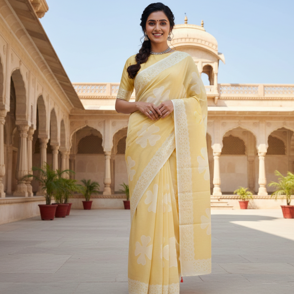 Woman in a yellow saree standing in front of an architectural building with arches and columns.