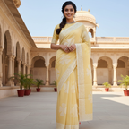 Woman in a yellow saree standing in front of an architectural building with arches and columns.