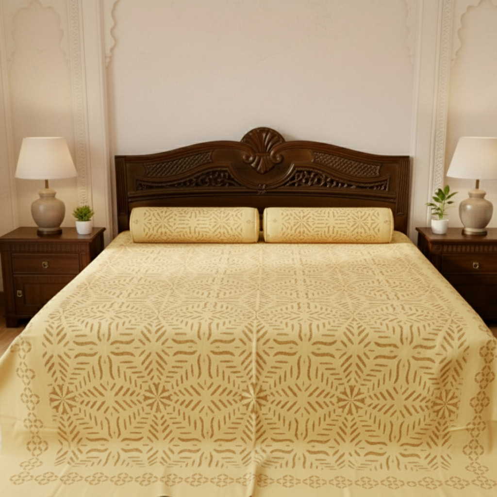 Bed with decorative yellow applique bedsheet and wooden headboard in a bedroom setting.