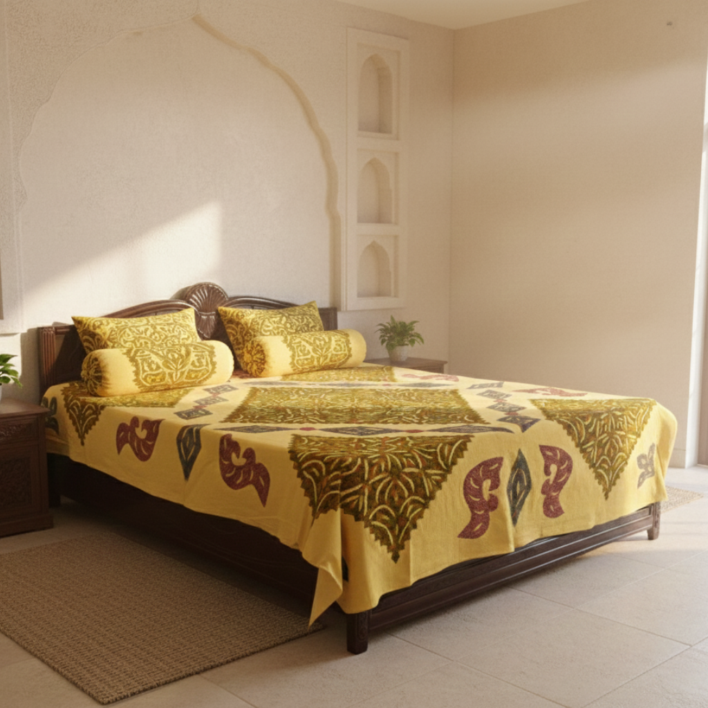 Sunshine Serenity Yellow Cotton Bedsheet with Applique Motifs