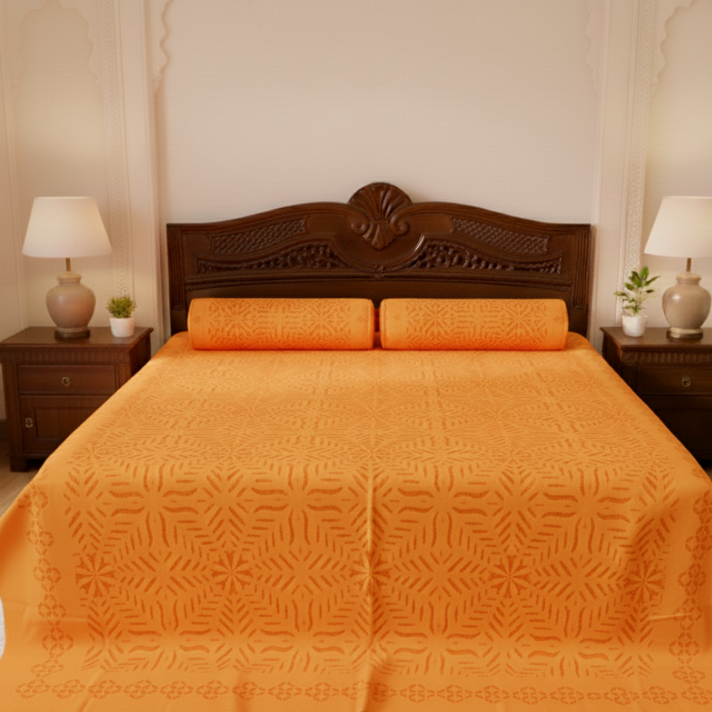 Bed with orange quilt and wooden headboard in a bedroom setting