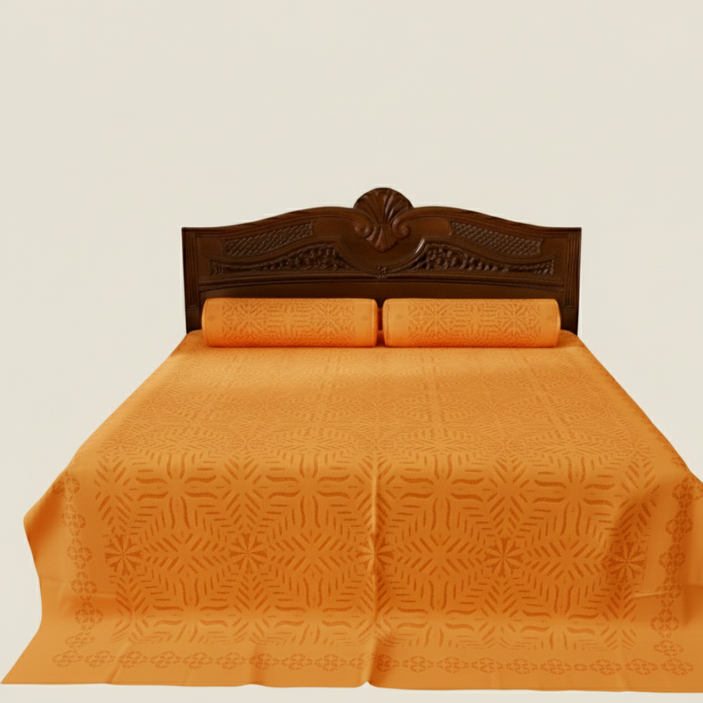 Orange quilted bedspread on a bed with a wooden headboard against a beige background